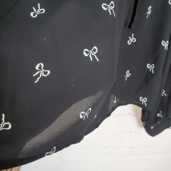 J Crew Velvet Tie Neck Top Bow Print Womens XL Black Ivory Blouse Long Sleeve - Picture 9 of 14